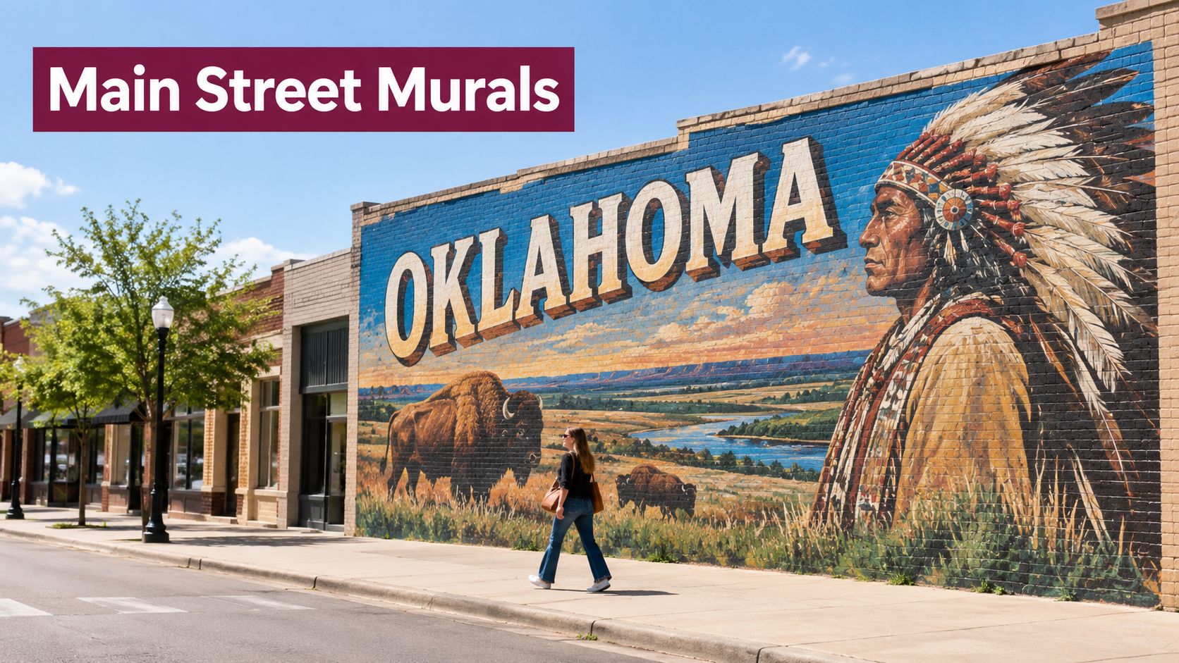 A woman walks past a large, colorful mural of a Native American chief on a downtown brick building.