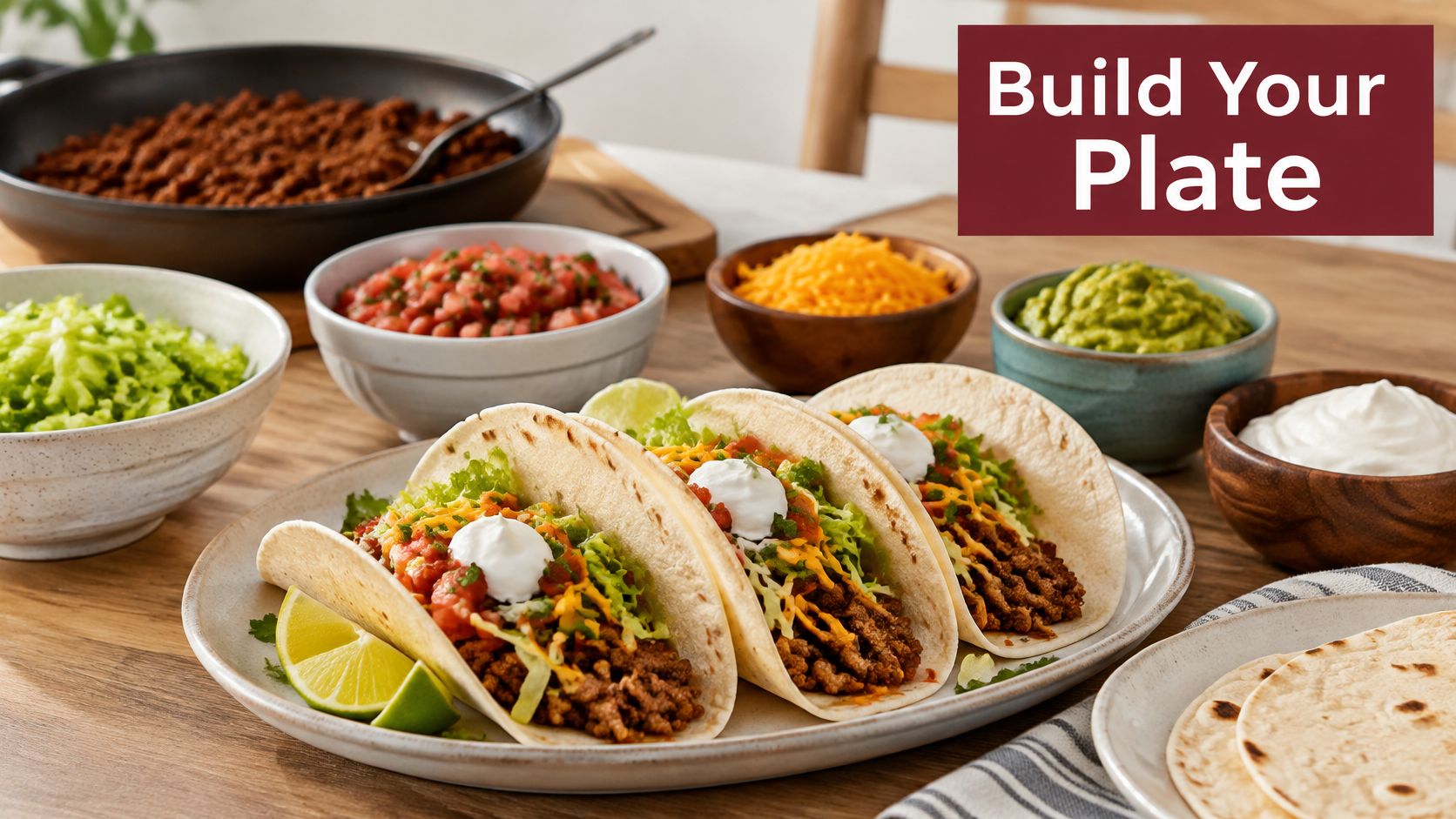 A DIY taco bar with assembled tacos, fresh toppings, and bowls of meat, cheese, salsa, and guacamole.