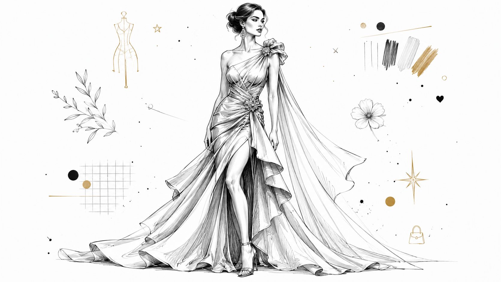 A sophisticated fashion sketch of a woman wearing an elegant one-shoulder evening gown with a high slit.