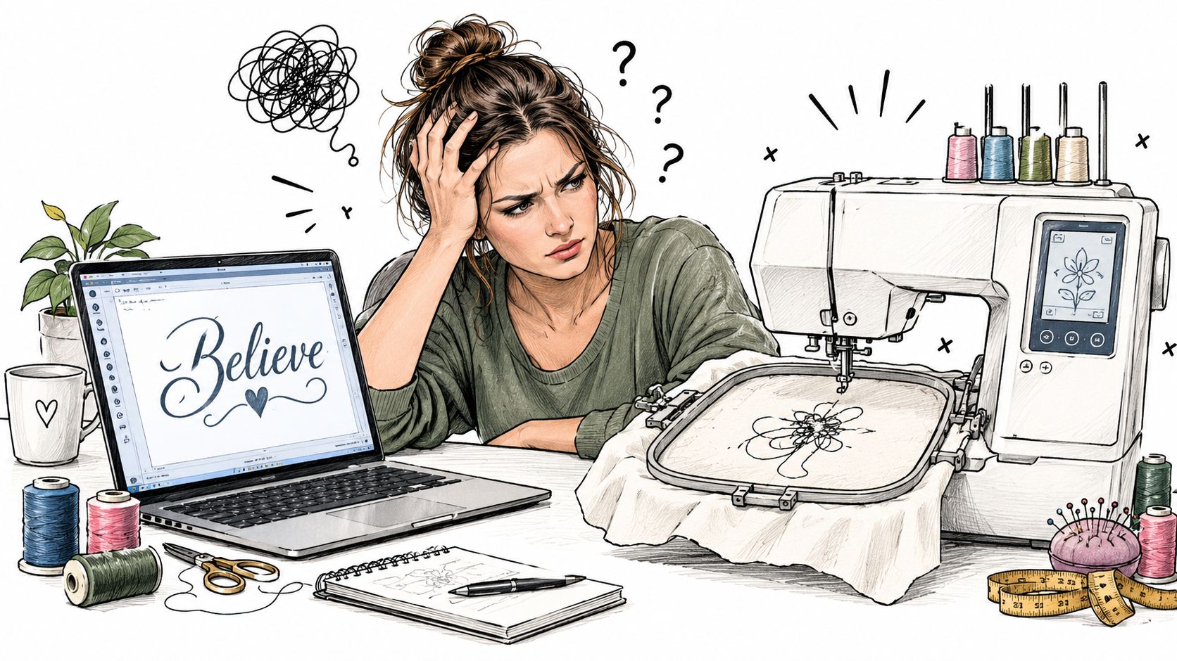A frustrated woman looking at a sewing machine while designing embroidery patterns on her laptop computer.