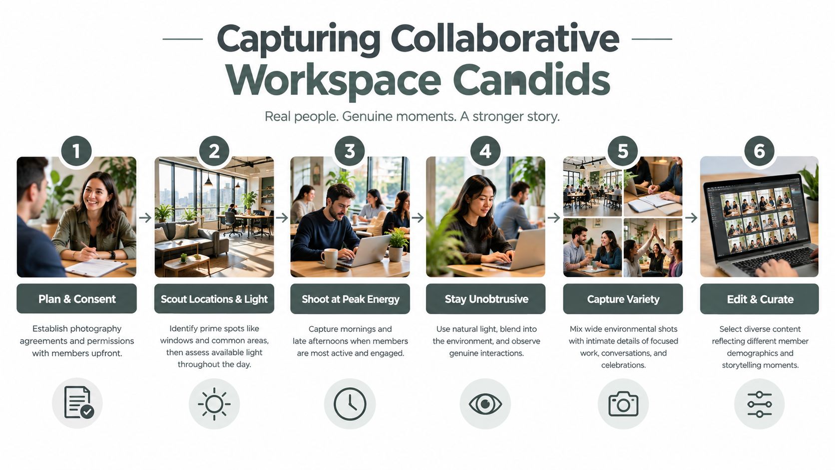 A step-by-step infographic titled Capturing Collaborative Workspace Candids showing six stages for authentic professional photography.