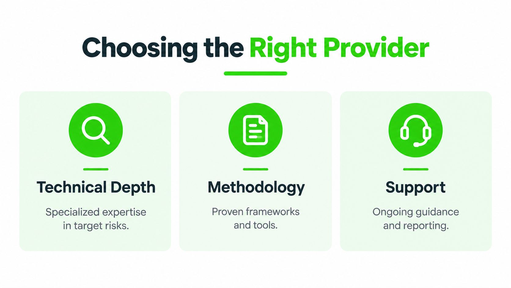 A graphic highlighting three key factors for choosing a service provider: technical depth, methodology, and support.