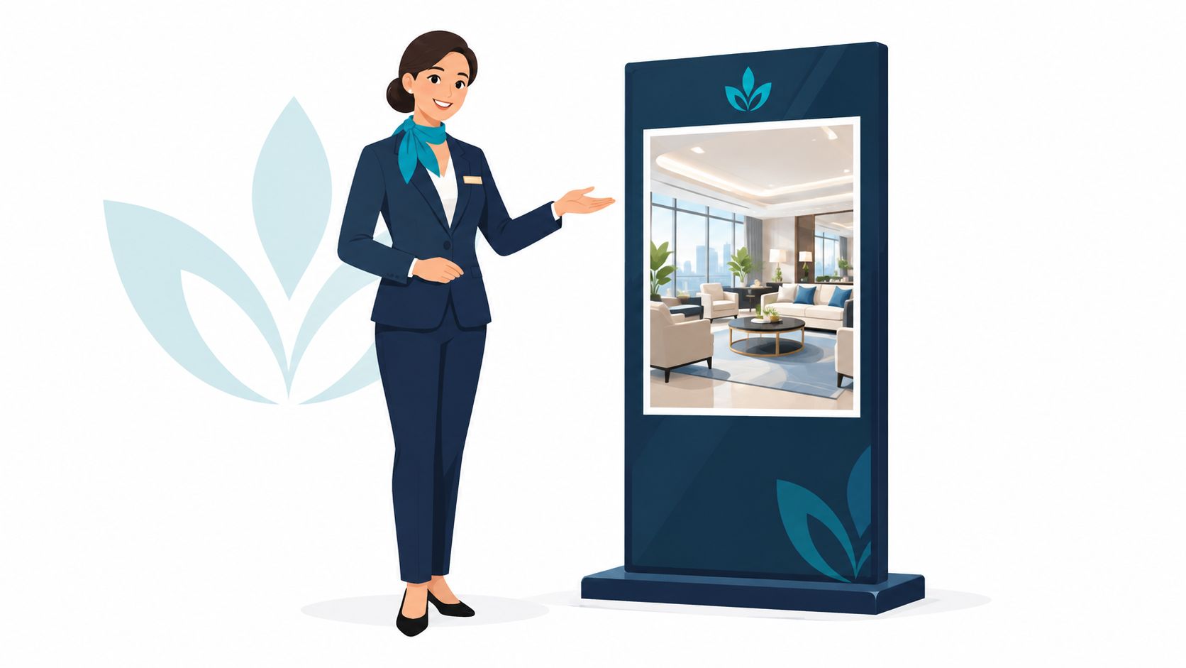 A professional concierge in a navy suit presenting a digital display showcasing a modern hotel living room.