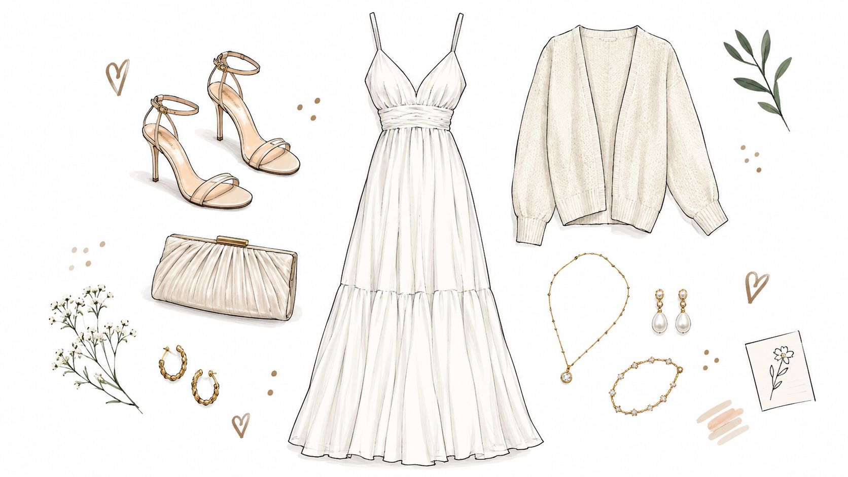 A digital illustration featuring an elegant long white maxi dress styled with a cardigan and accessories.