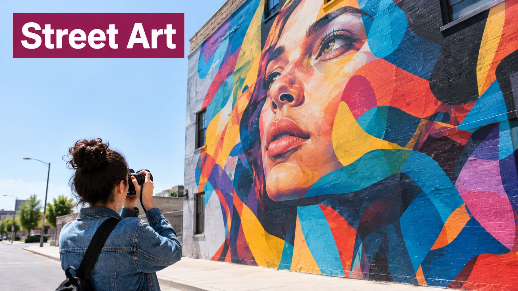 A woman stands on a city street taking a photograph of a vibrant, colorful mural of a face.