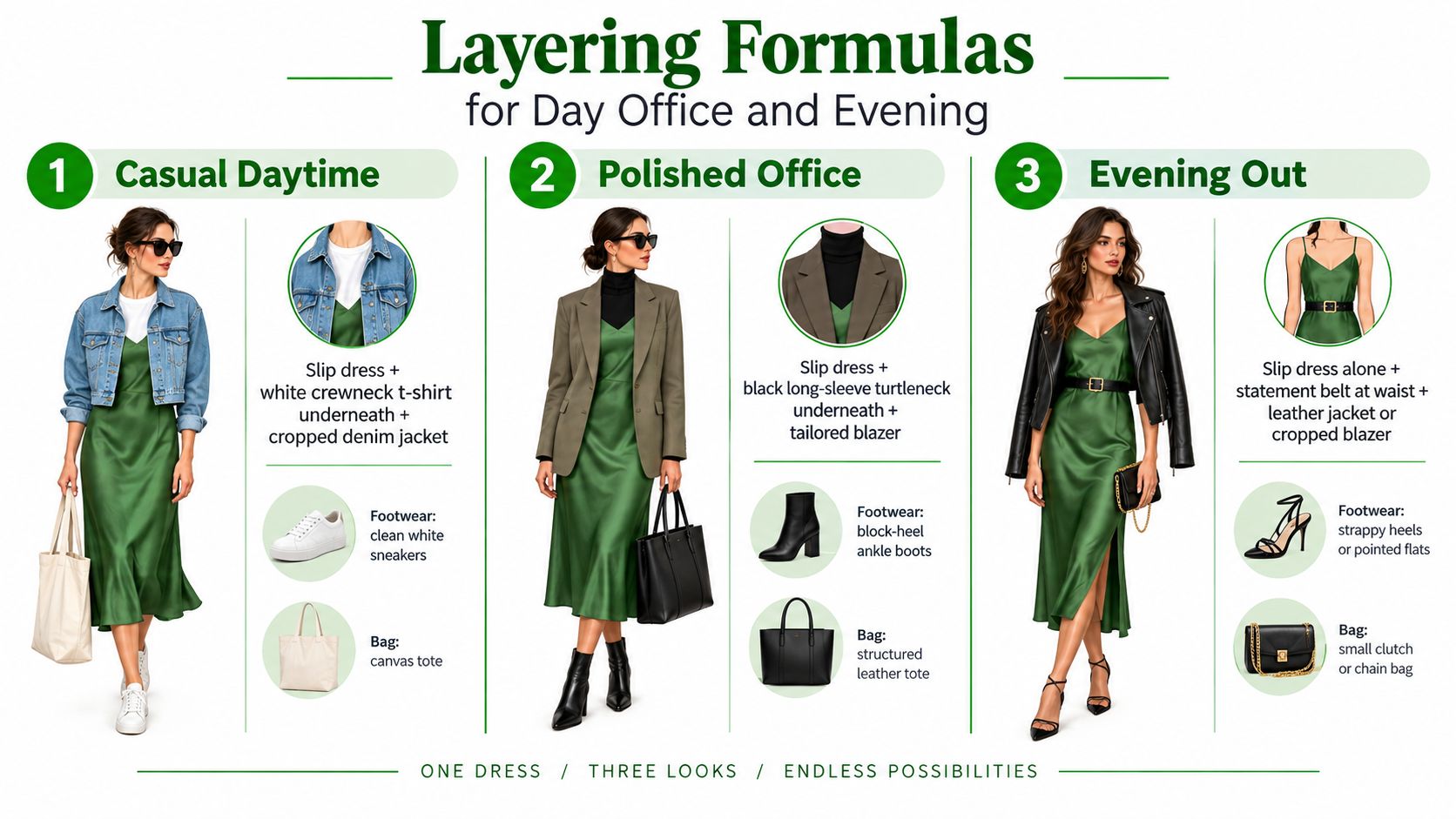 A visual guide showing three different ways to style a green slip dress for various occasions.