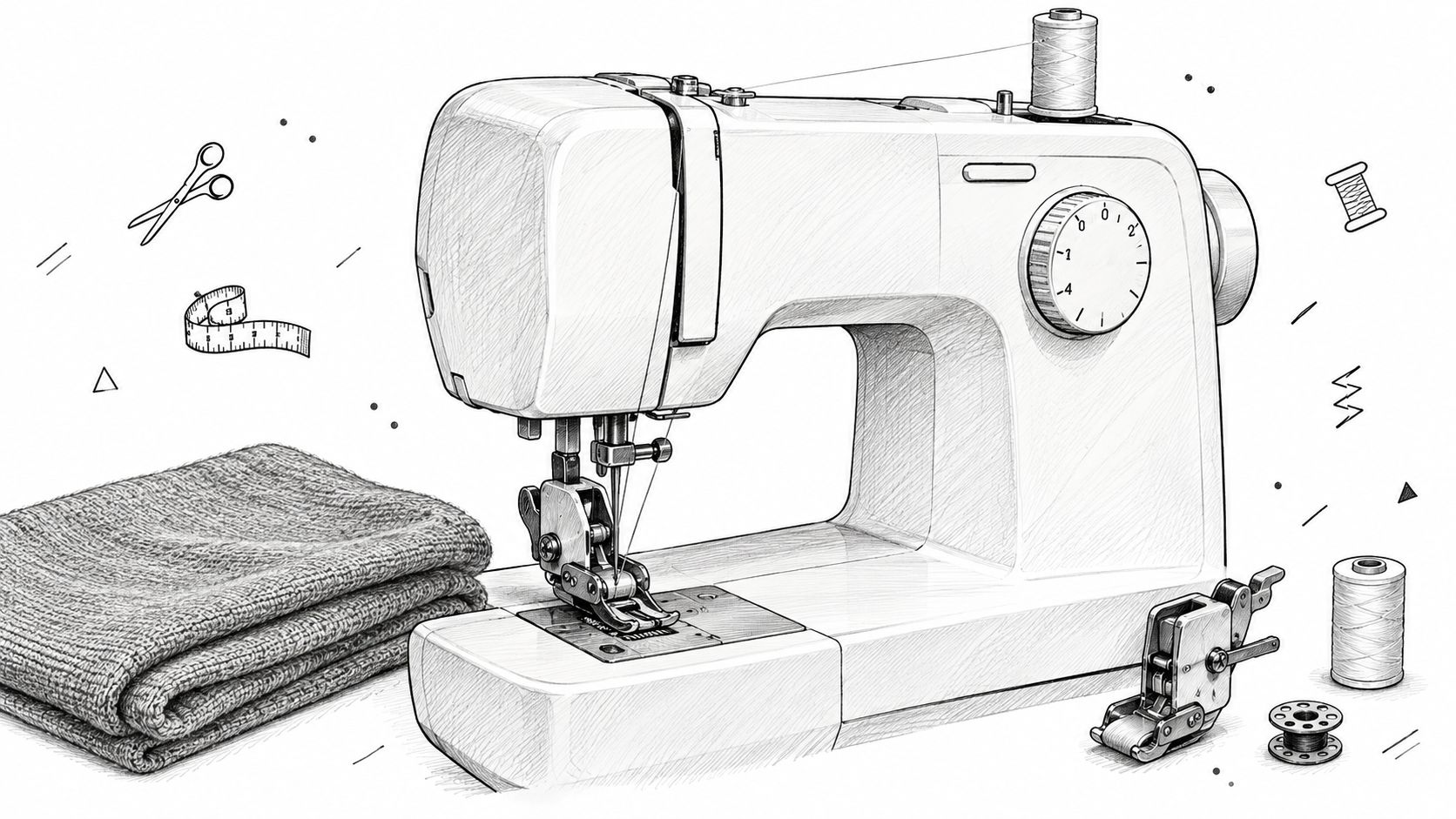 A black and white sketch of a sewing machine with fabric, thread, and sewing accessories displayed.