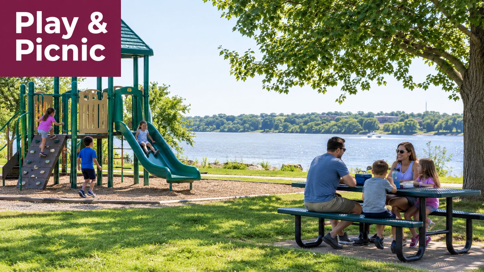 A happy family enjoys a picnic at a table in a park near a lake and playground.
