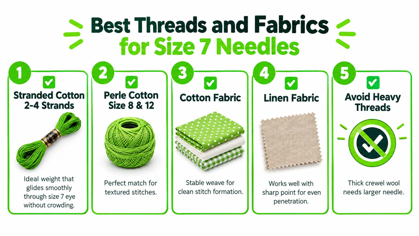 A guide listing the best threads and fabrics to use with size 7 needles.