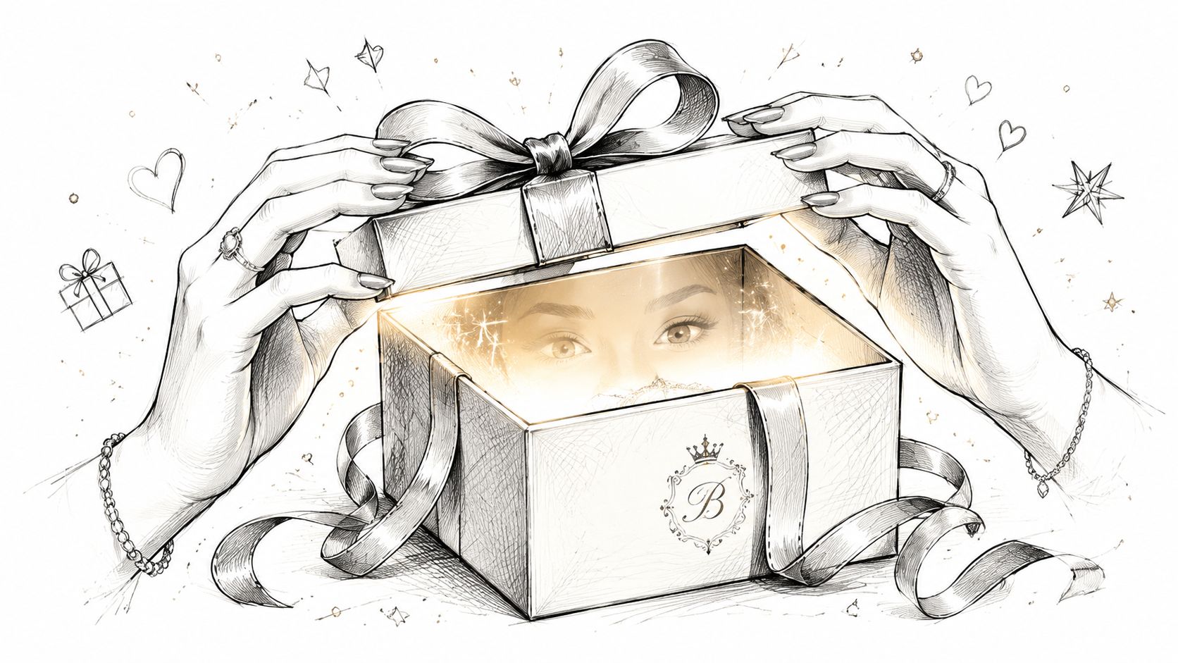 An artistic sketch of hands opening a luxury gift box with a glowing light and hidden eyes inside.