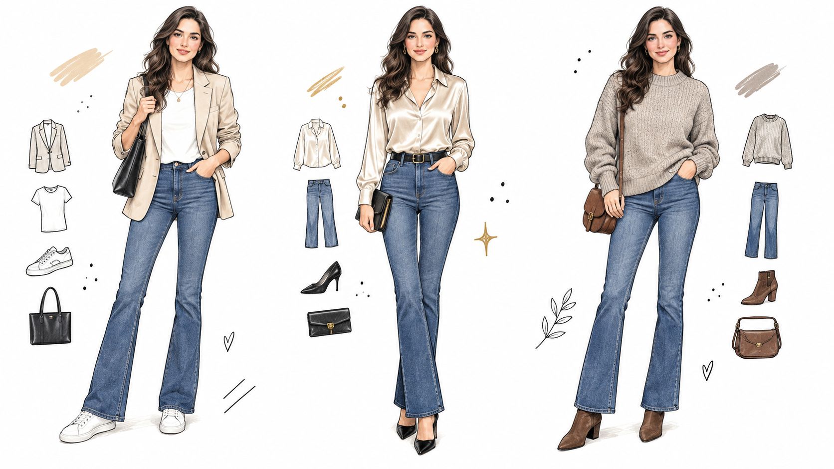 A fashion illustration of a woman wearing slim bootcut jeans styled in three different casual outfits.