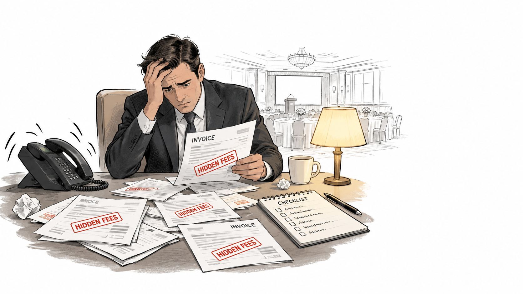 A stressed businessman sits at a desk overwhelmed by multiple invoices marked with hidden fees labels.