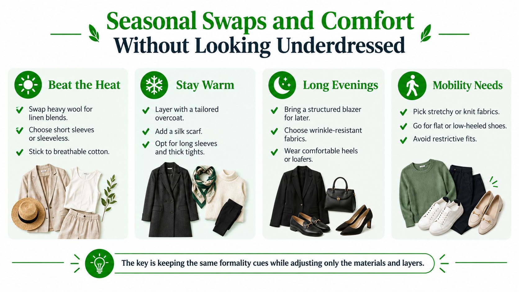 A helpful infographic outlining fashion tips for adjusting outfits based on seasons and comfort needs.