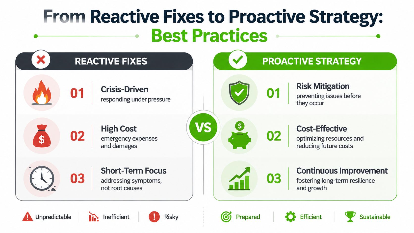 A comparison chart showing the differences between reactive crisis-driven fixes and proactive long-term business strategy practices.