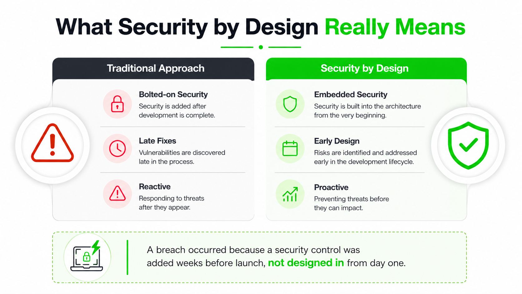 A comparison chart showing the differences between the reactive traditional approach and the proactive security by design approach.
