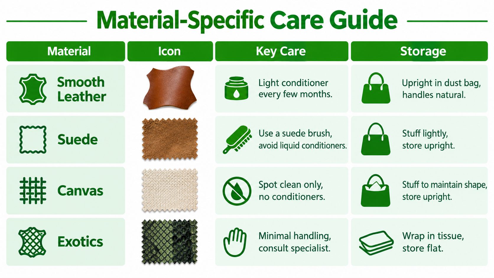 A material-specific care guide chart detailing how to clean and store leather, suede, canvas, and exotic handbags.