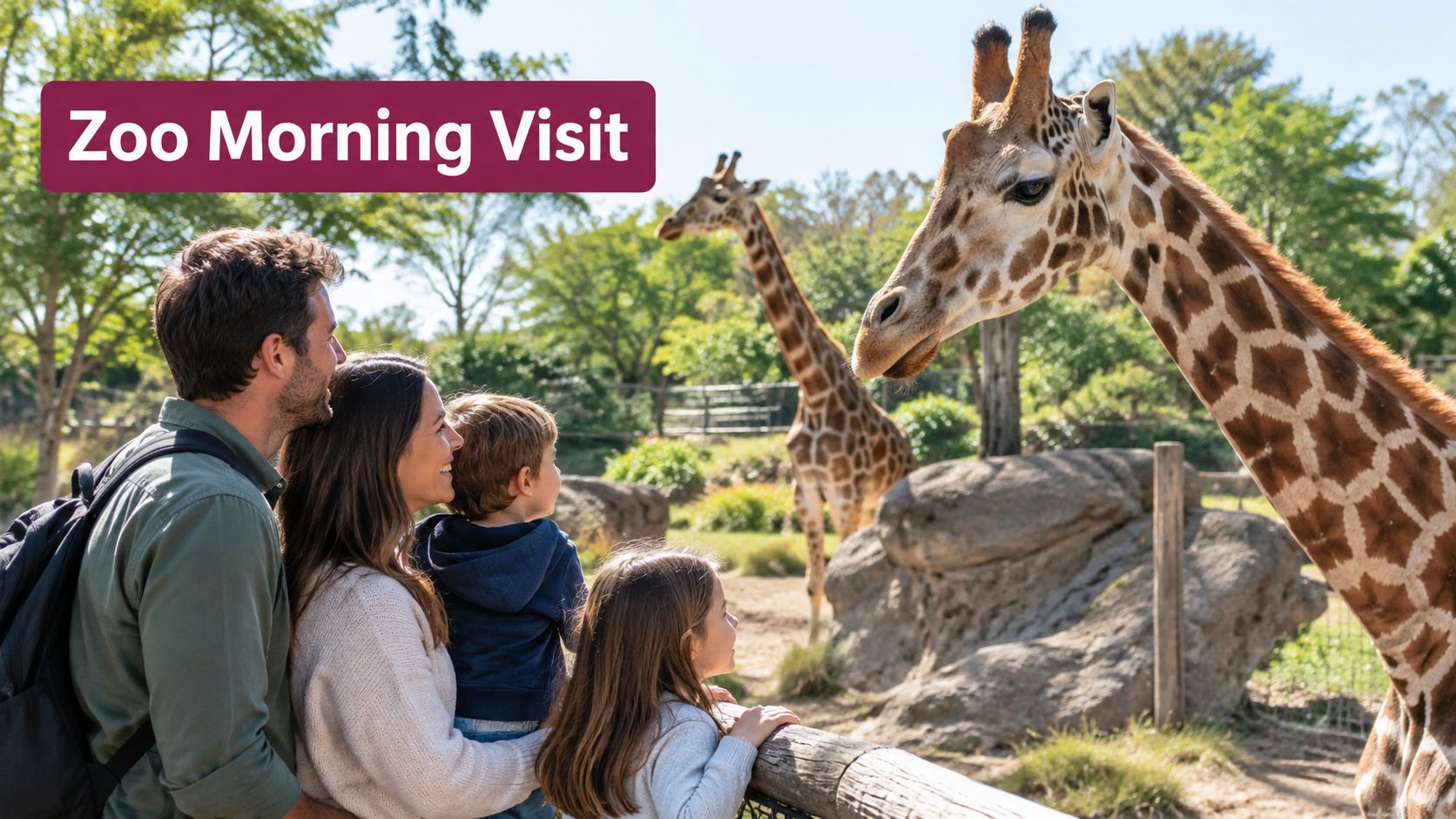 A happy family viewing giraffes together during a fun morning visit at the local city zoo.