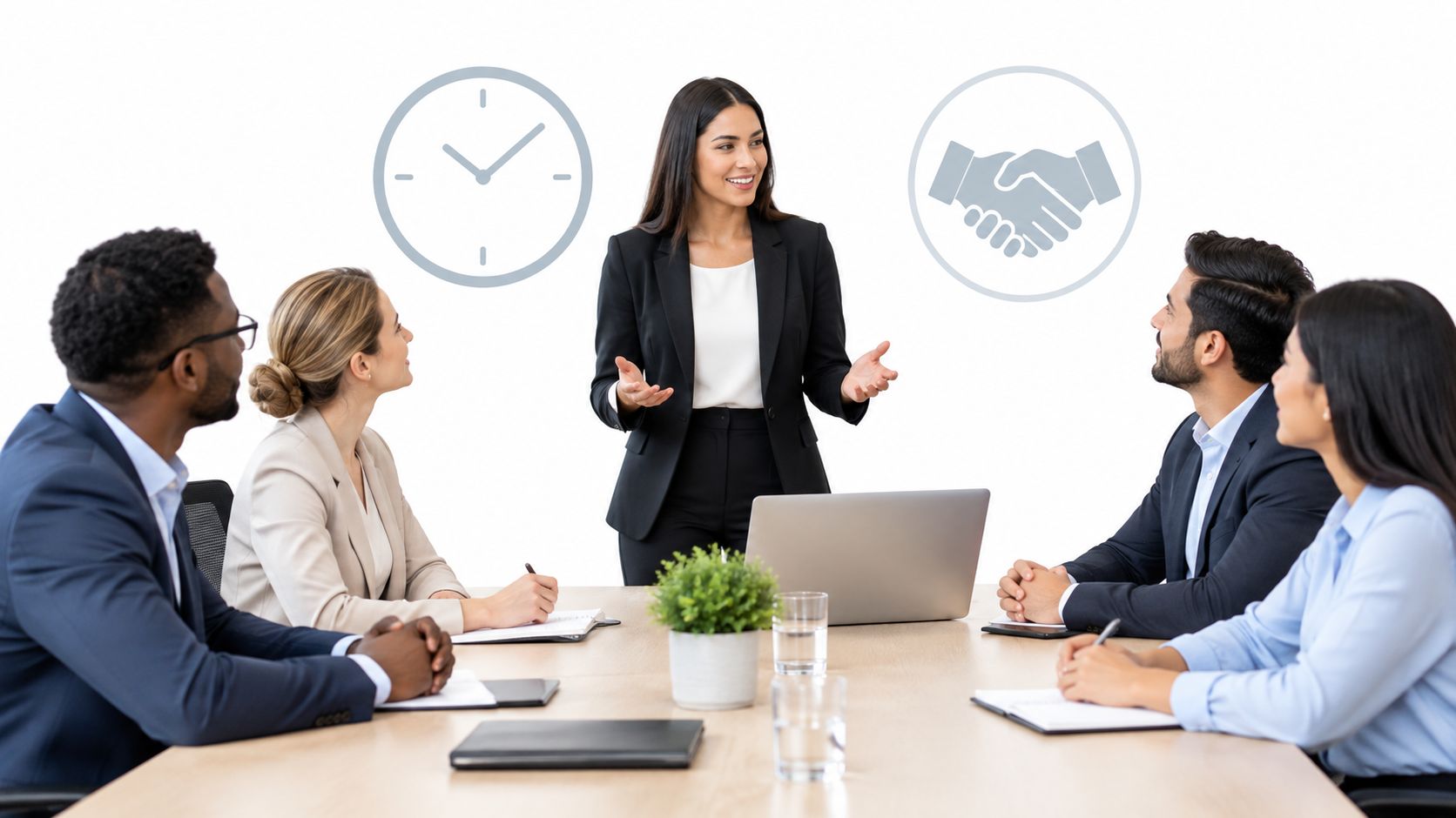 A professional business team having a collaborative meeting with a woman presenting to her colleagues.