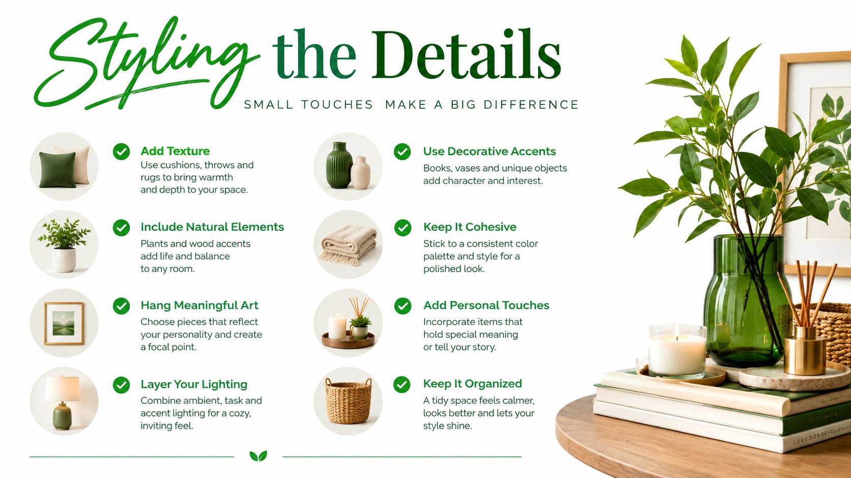 A graphic design outlining interior styling tips with icons and text alongside a decorated wooden table.