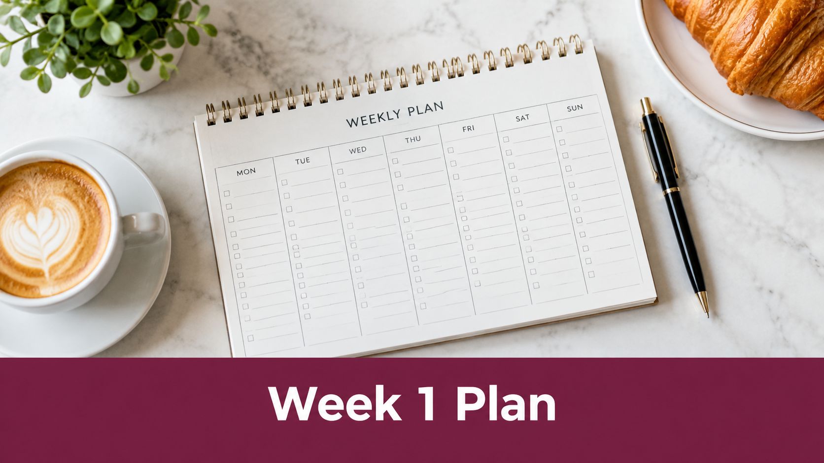 A weekly planner notebook on a marble table with a cup of coffee and a croissant.