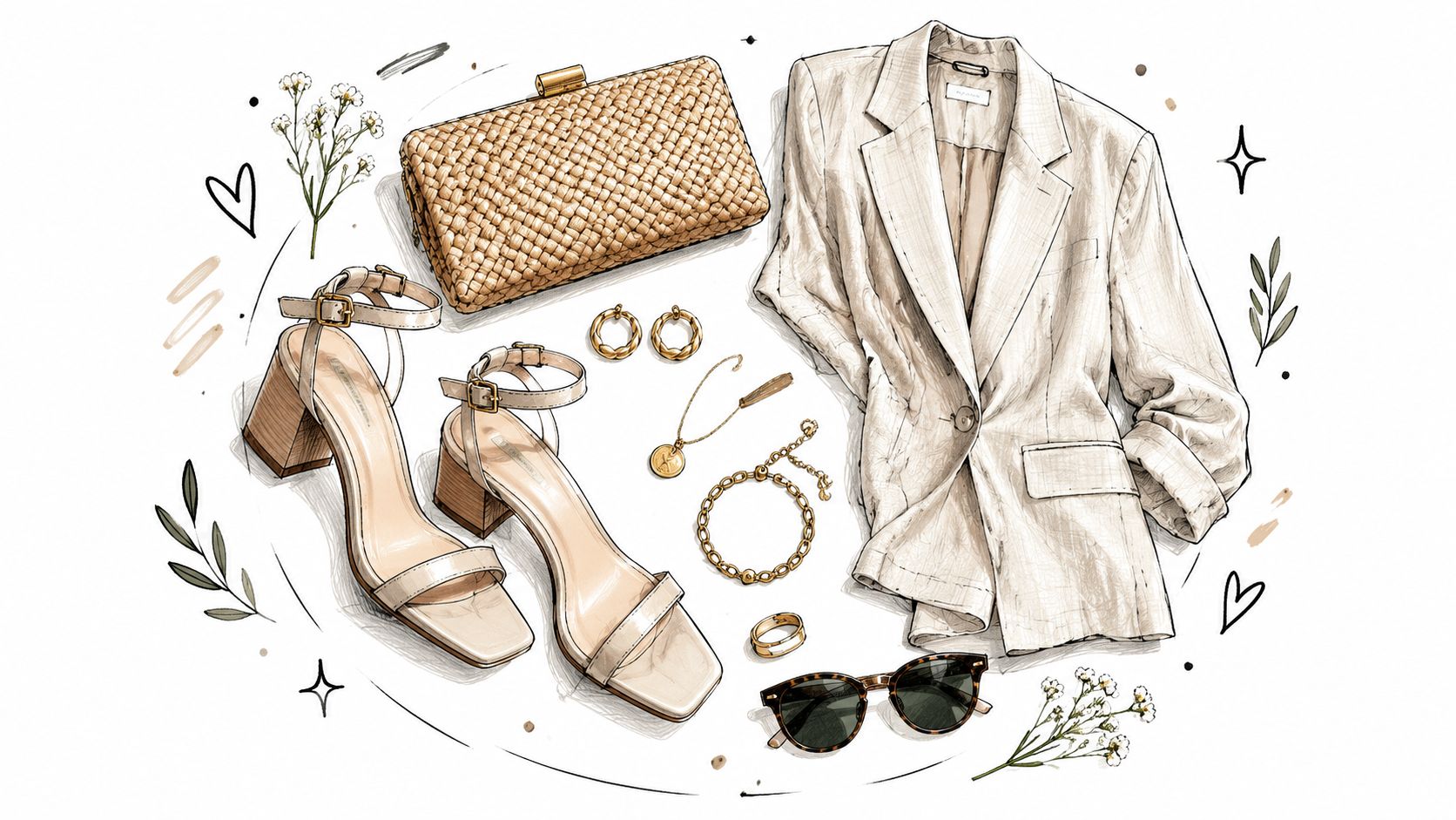 A chic summer date outfit layout featuring a beige linen blazer, woven clutch, and block heel sandals.