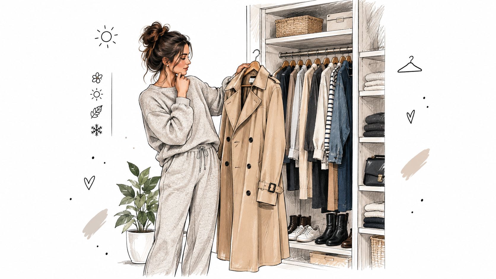 A stylish woman in loungewear selecting a beige trench coat from her organized clothing wardrobe closet.