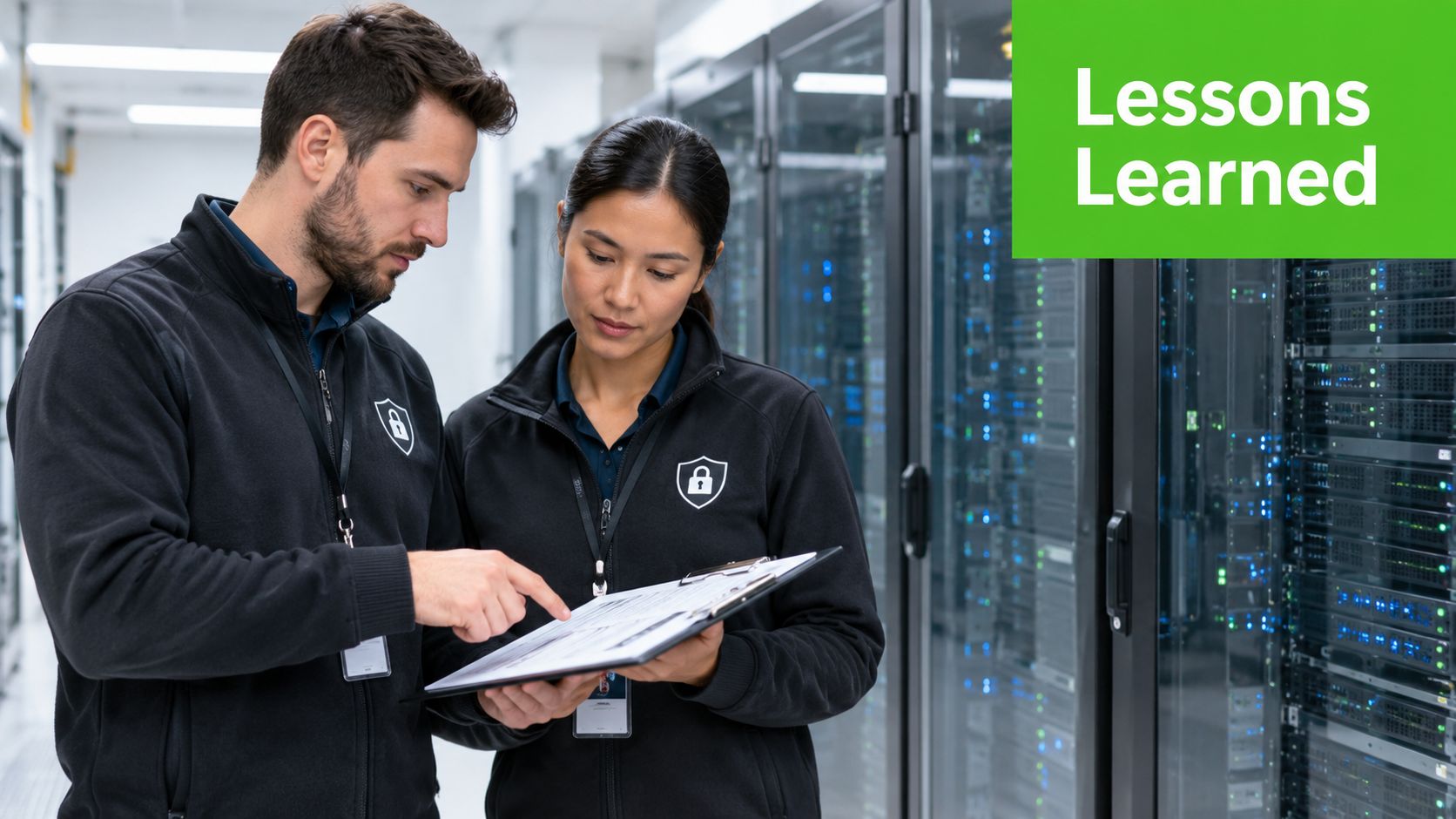 A man and woman in security uniforms reviewing documents in front of server racks in a data center.
