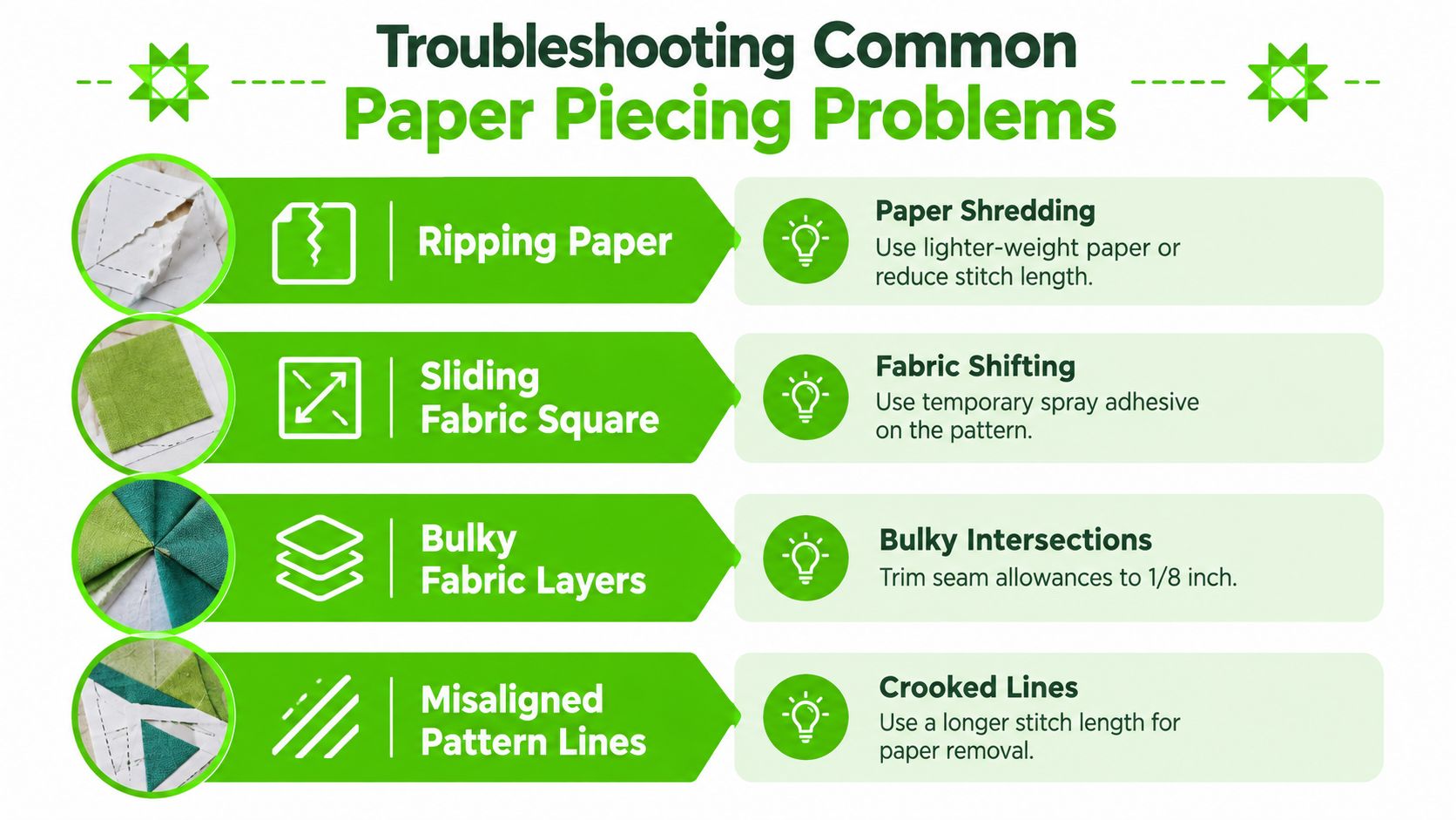 An infographic titled Troubleshooting Common Paper Piecing Problems offering tips for fabric and paper sewing issues.