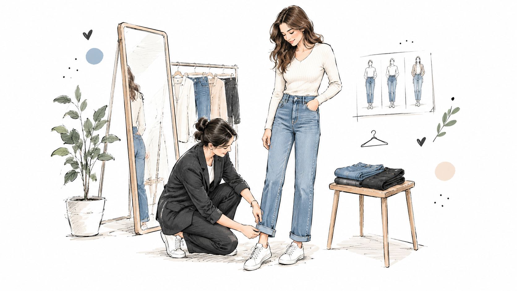 A professional tailor in a blazer adjusting the hem of light blue jeans on a smiling woman.