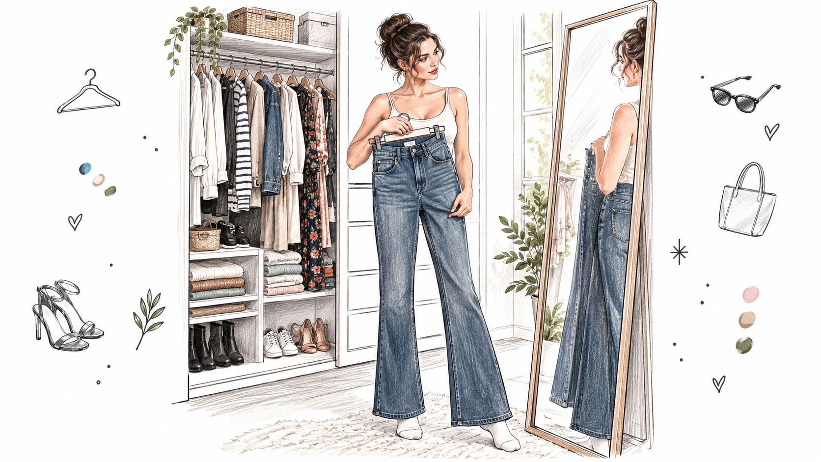 A stylish woman trying on slim bootcut jeans in front of a mirror in her closet.
