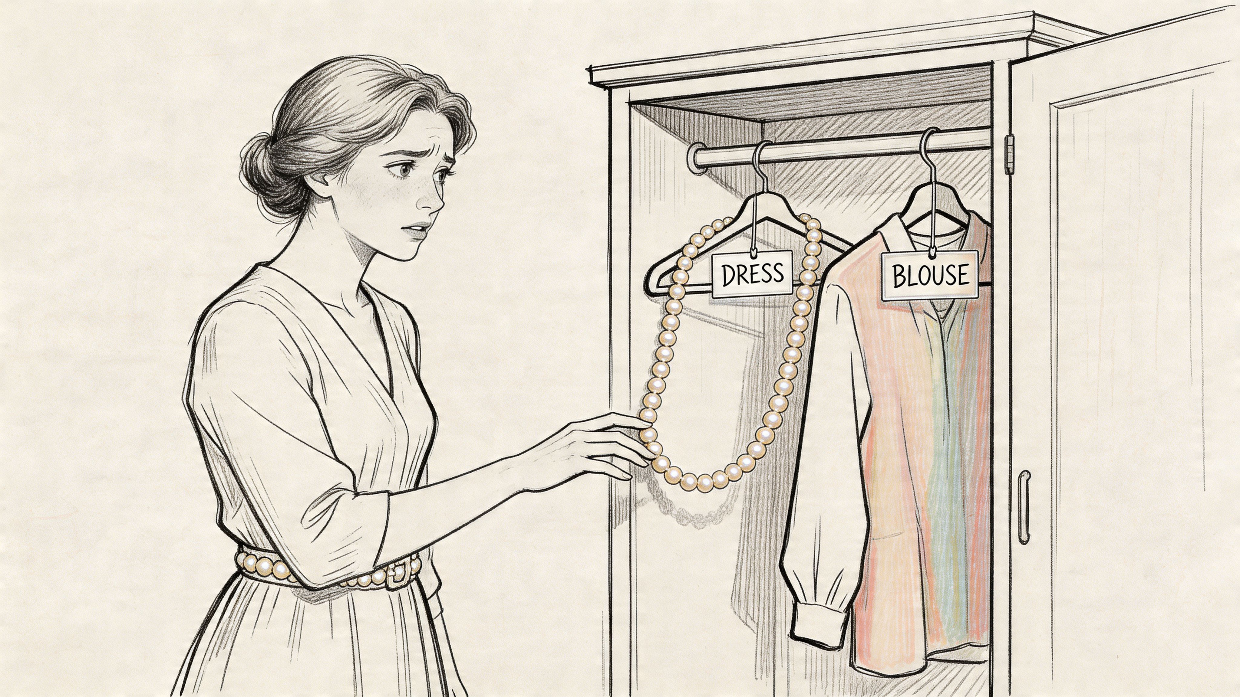 An illustration of a woman looking concerned at a closet containing a dress and a blouse.