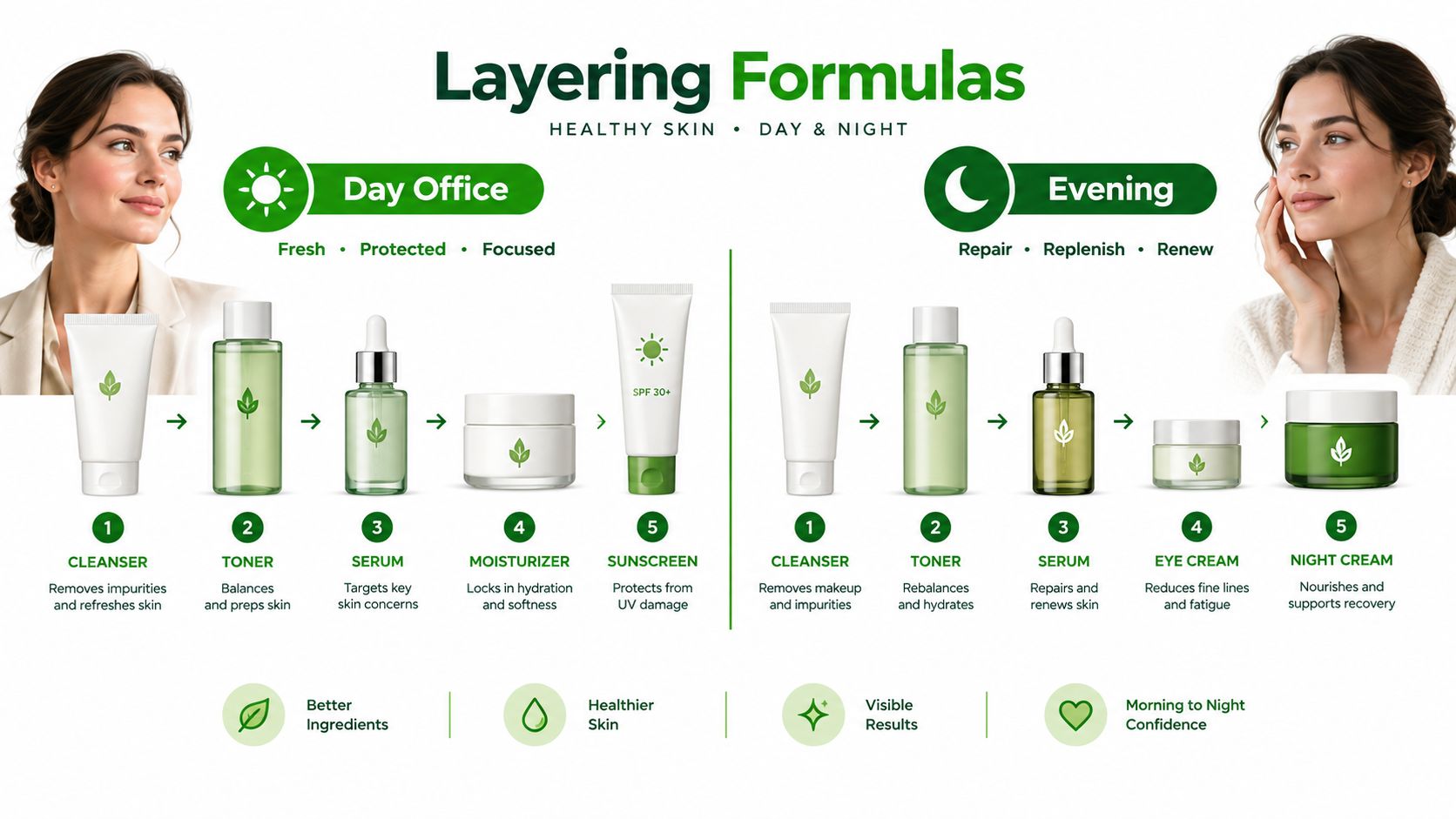 A skincare routine infographic displaying the step-by-step layering formulas for both morning and evening skin care.