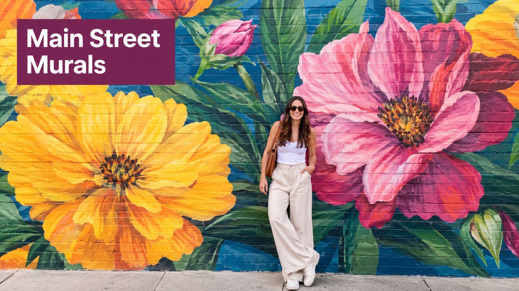 A woman posing in front of a vibrant, large-scale floral mural on a city street wall.