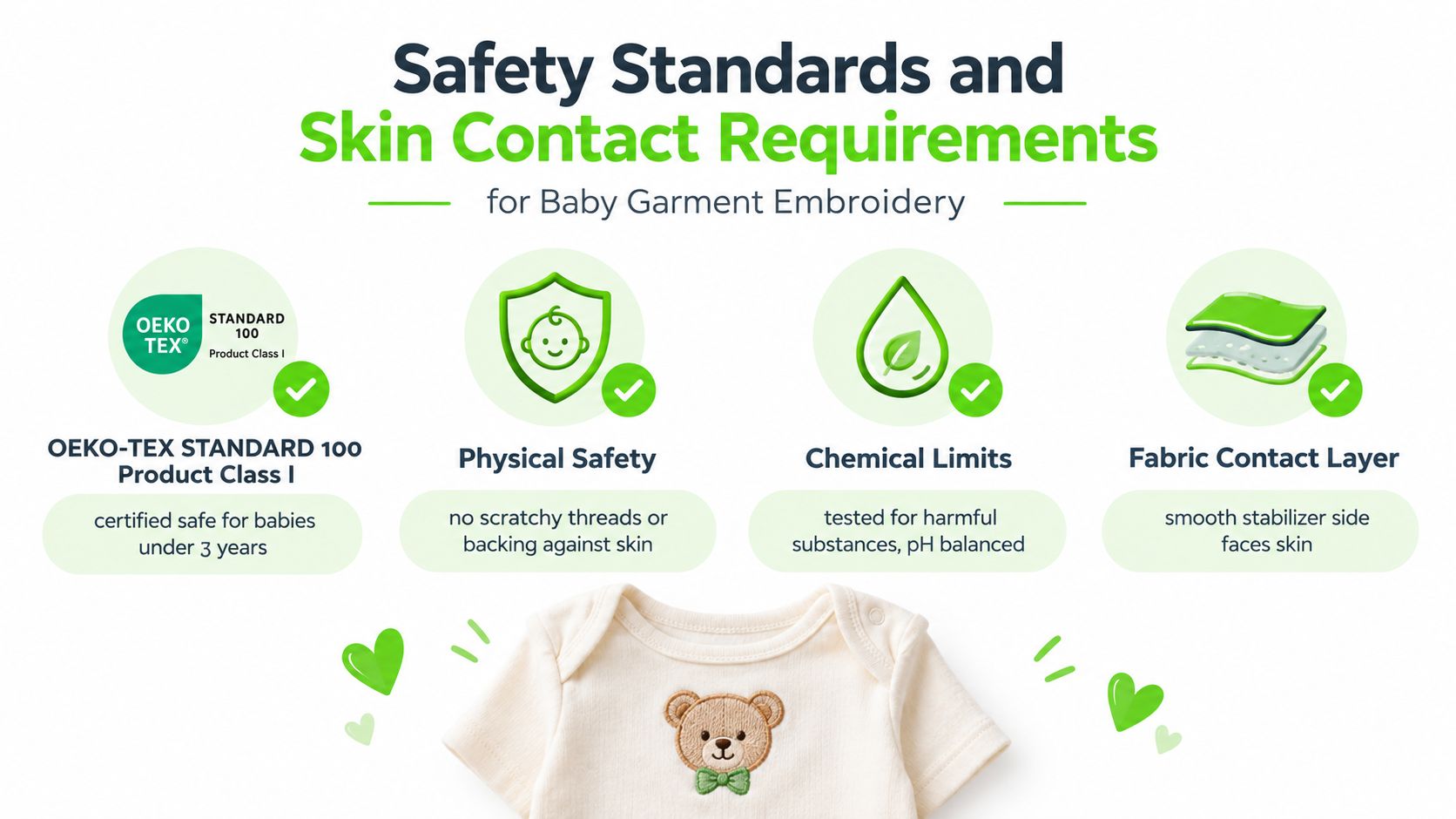 An infographic detailing safety standards for baby garment embroidery, including fabric, chemical, and physical safety requirements.
