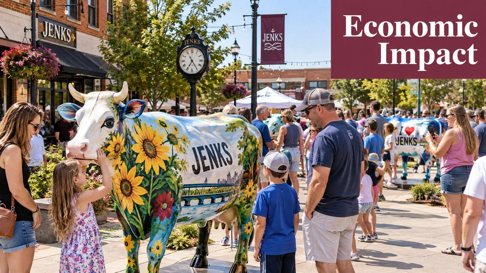 Families enjoy viewing painted cow statues during a public art festival on a sunny downtown street.