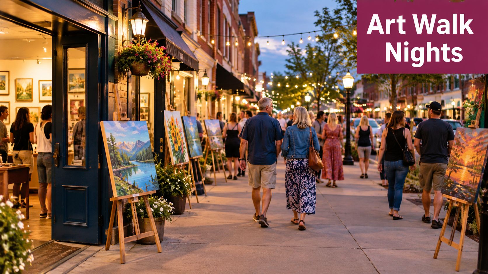 A couple strolls down a charming downtown street during an evening art walk event with outdoor exhibits.