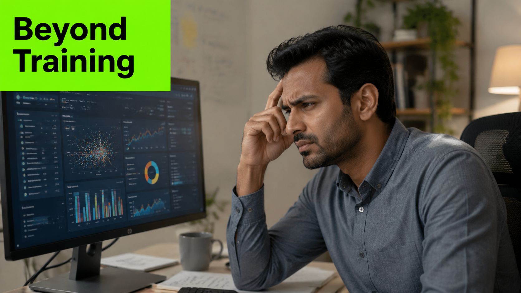 A focused professional analyzing complex data charts and analytics on a computer monitor with a concerned expression.