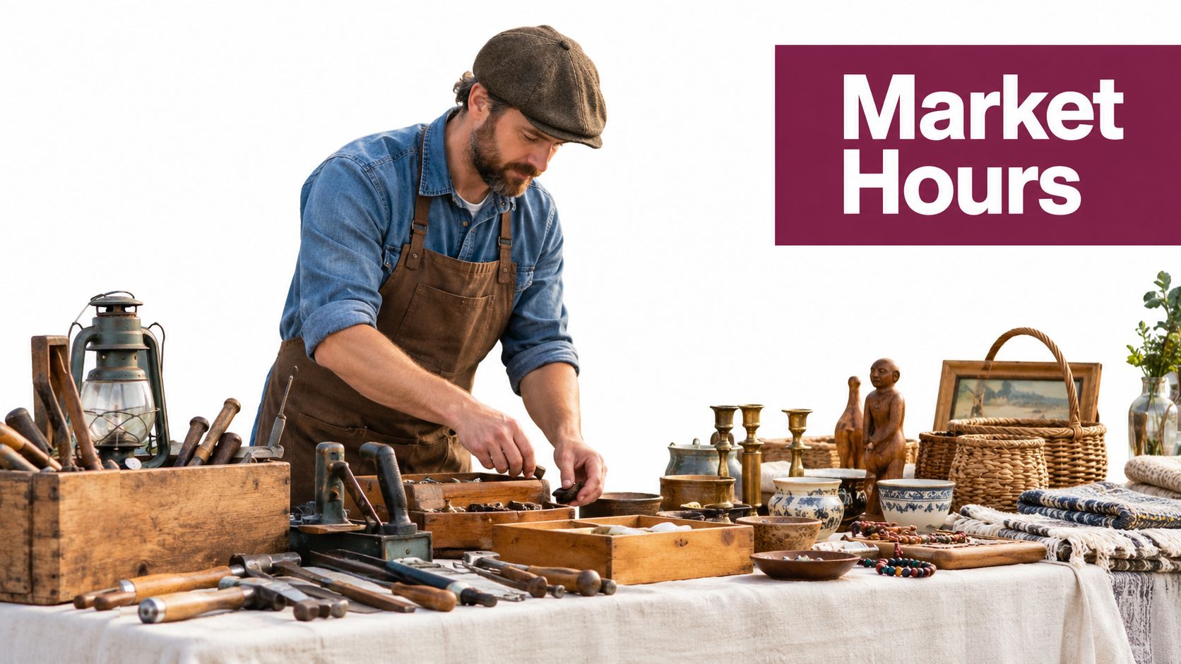 A craftsman in an apron arranges vintage antiques and hand tools at an outdoor flea market stall.