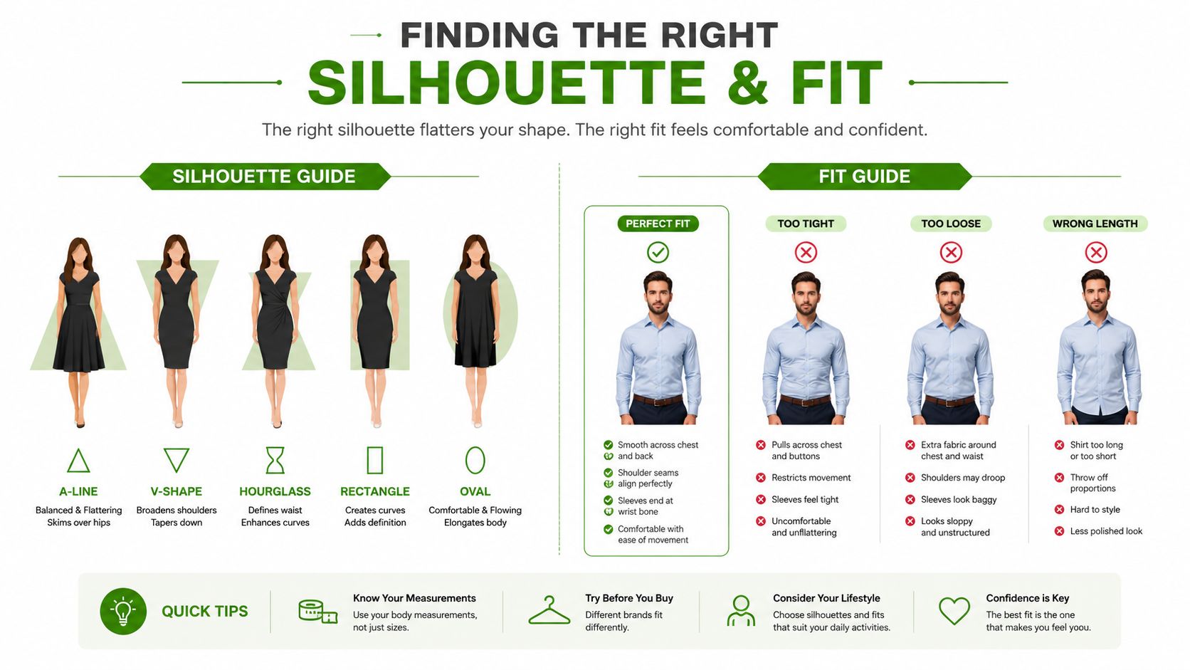 An infographic titled Finding the Right Silhouette and Fit featuring body shape silhouettes and clothing fit examples.