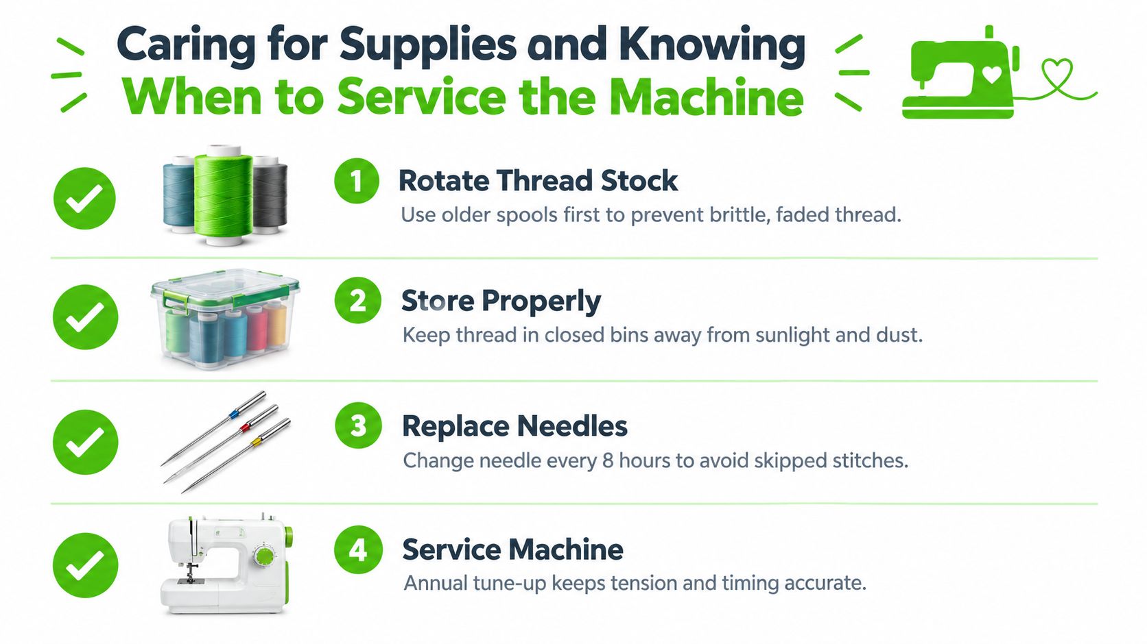 An infographic showing four steps for maintaining sewing supplies and servicing a sewing machine for better quality.