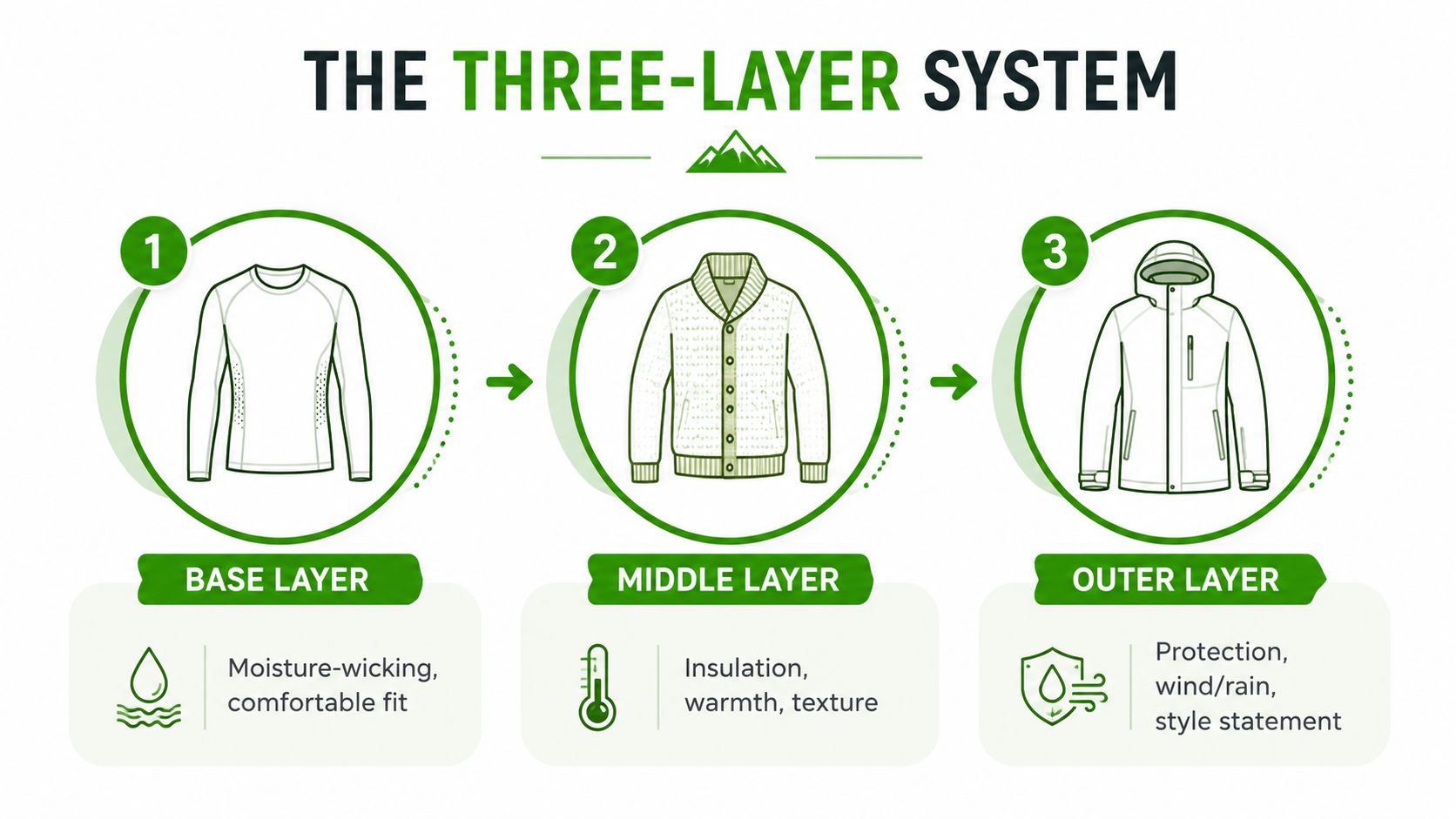 A visual guide explaining the three-layer clothing system for warmth during outdoor activities like fall hiking.