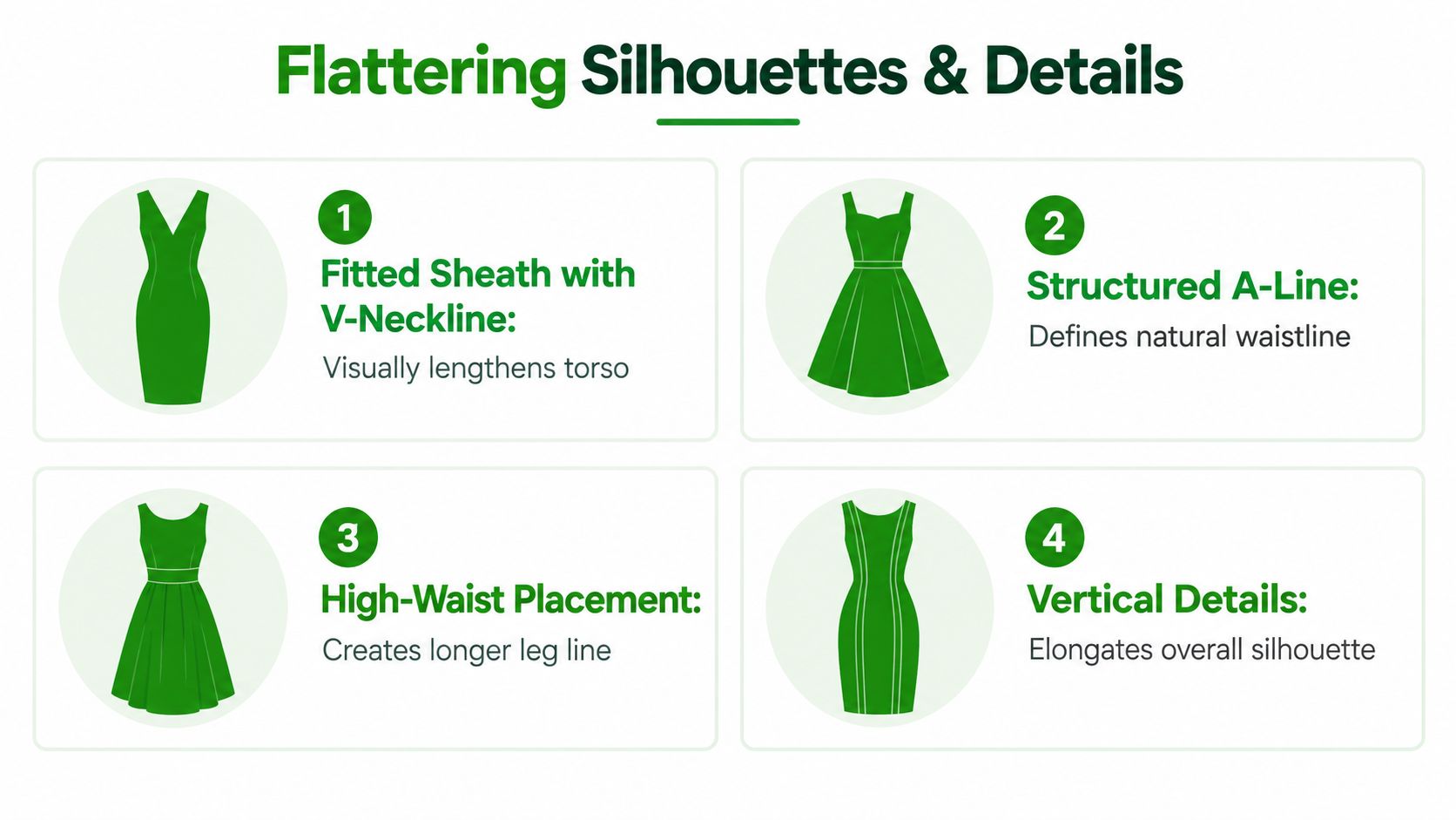 A graphic illustration highlighting four flattering dress silhouettes and design details for women's fashion choices.