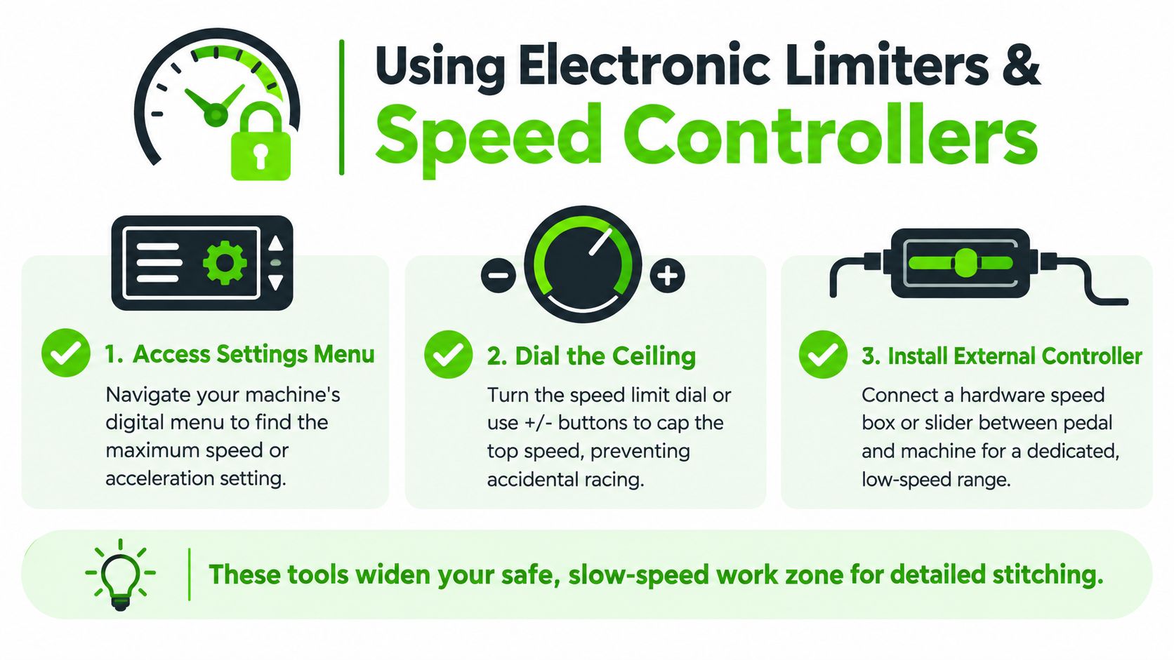 A graphic illustration detailing three methods to limit the speed of a sewing machine for safety.