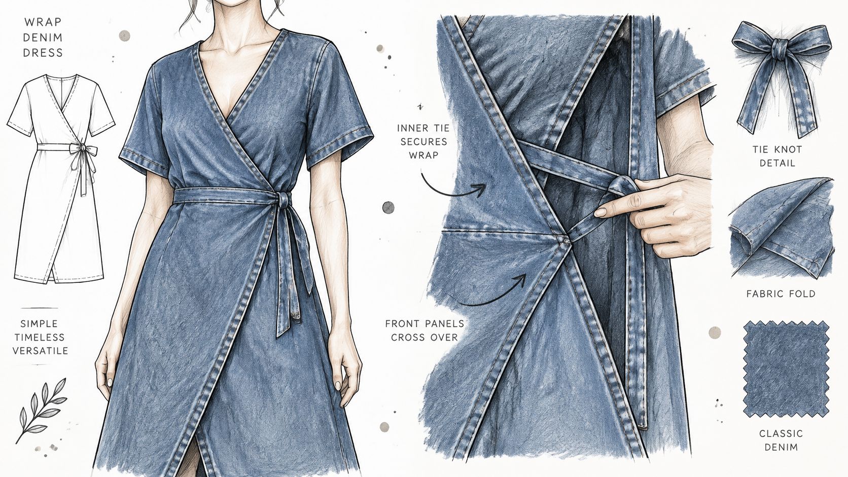 A detailed fashion illustration showing the design and construction of a blue denim wrap dress.