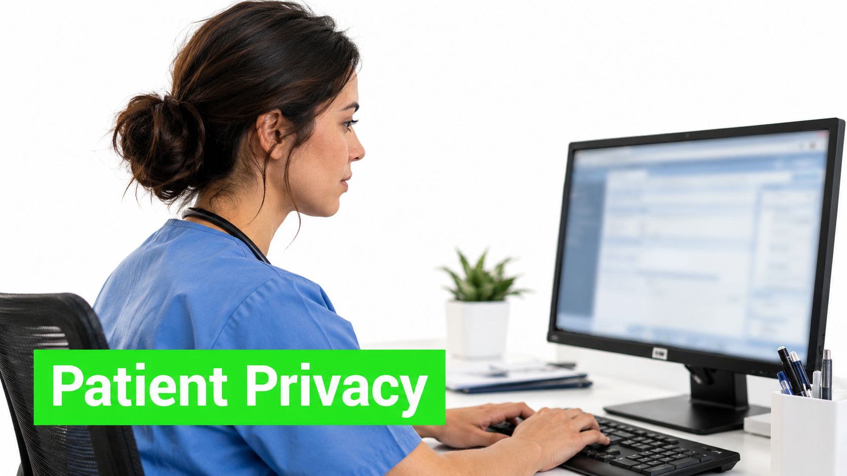 A healthcare professional working on a computer, highlighting the importance of data security and patient privacy.