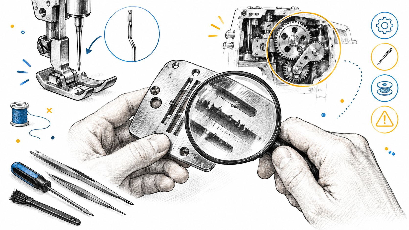 Detailed illustration showing hands inspecting sewing machine parts with tools to troubleshoot thread breakage issues.