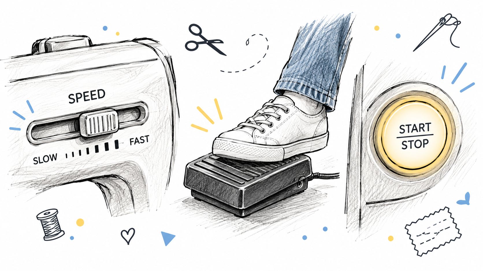A pencil sketch illustration showing sewing machine speed control settings, a foot pedal, and a start button.