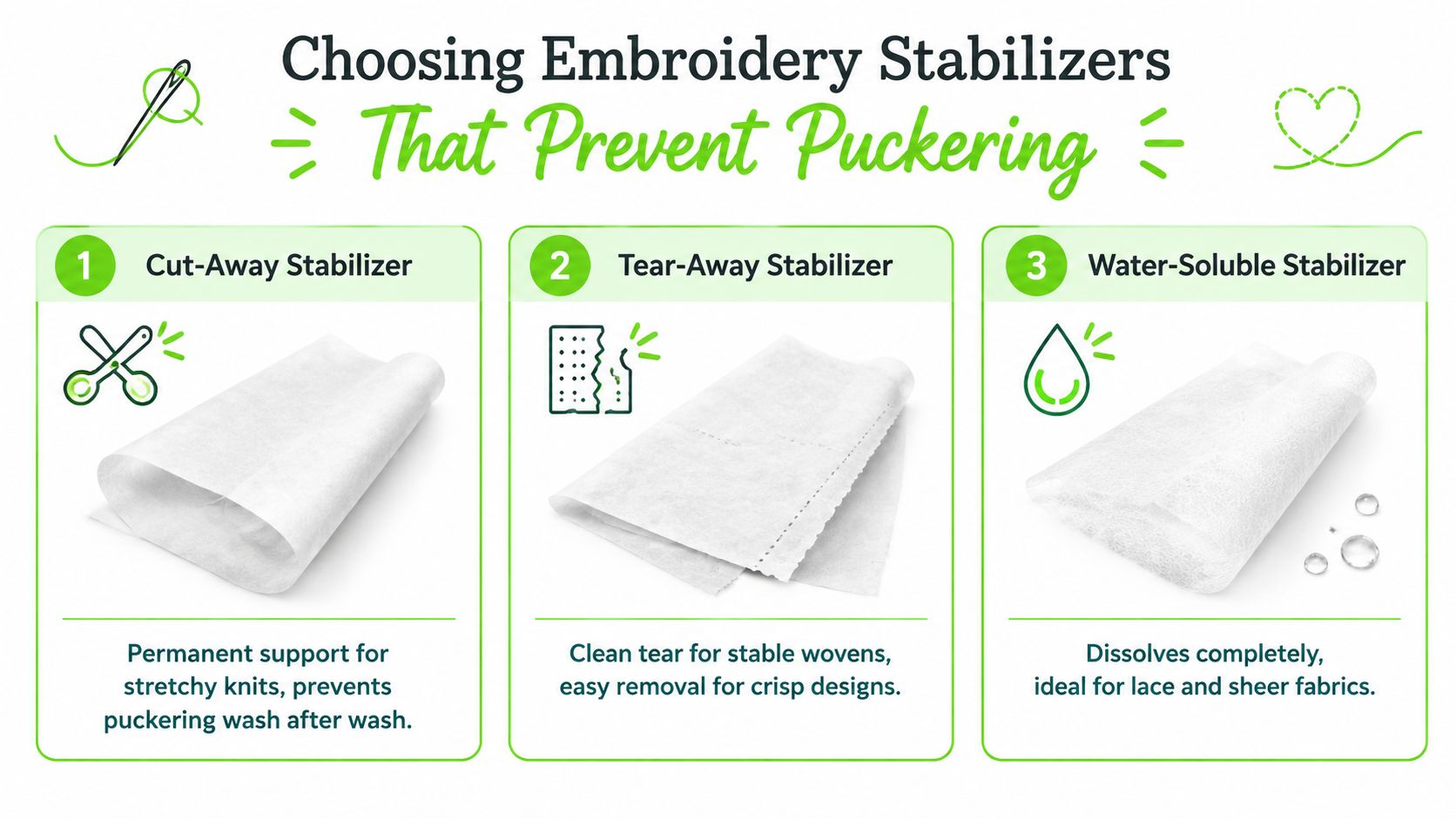 An educational graphic detailing three types of embroidery stabilizers to prevent puckering: cut-away, tear-away, and water-soluble.