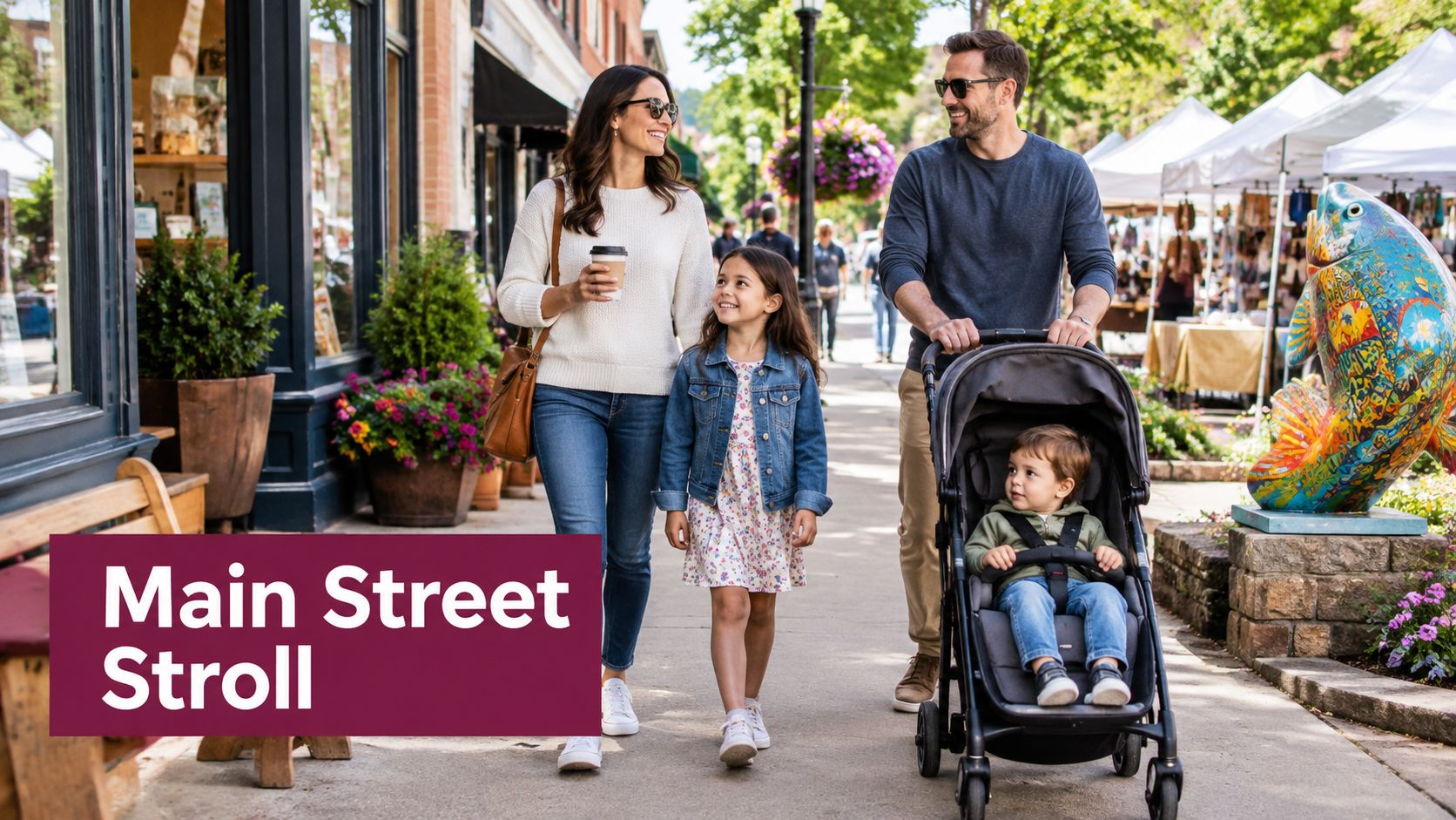A family of four walking along a charming city main street during a sunny day.