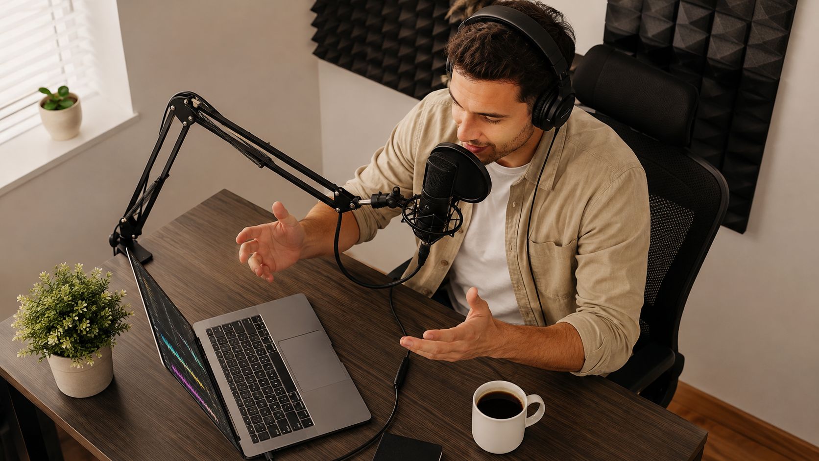 A podcast host with headphones speaks into a professional microphone while looking at a laptop computer.